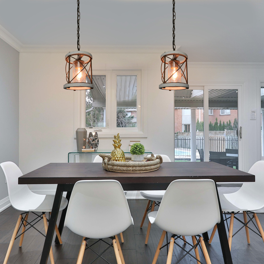 Anmytek Rust Industrial Metal Single Pendant Light Rustic Cylinder Cage Chandelier with Seeded Glass Shade, White Wood Farmhouse Hanging Light Fixture for Entryway Hallway Dining Room Bedroom Foyer