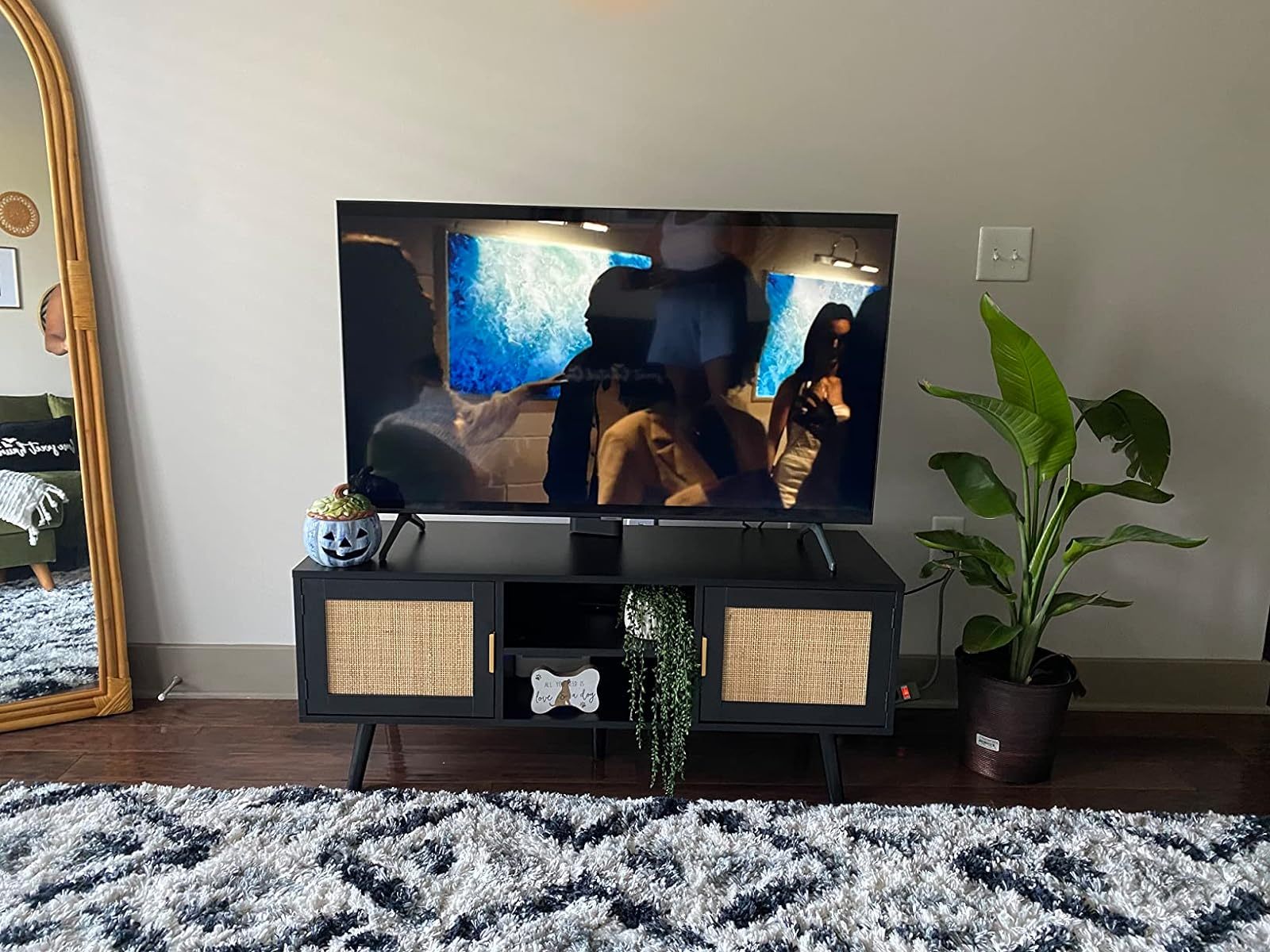Anmytek Farmhouse Rattan TV Stand Modern Wood Media Entertainment Center Console Table for TVs up to 55 Inches with 2 Doors and 2 Open Shelves, Natural Oak