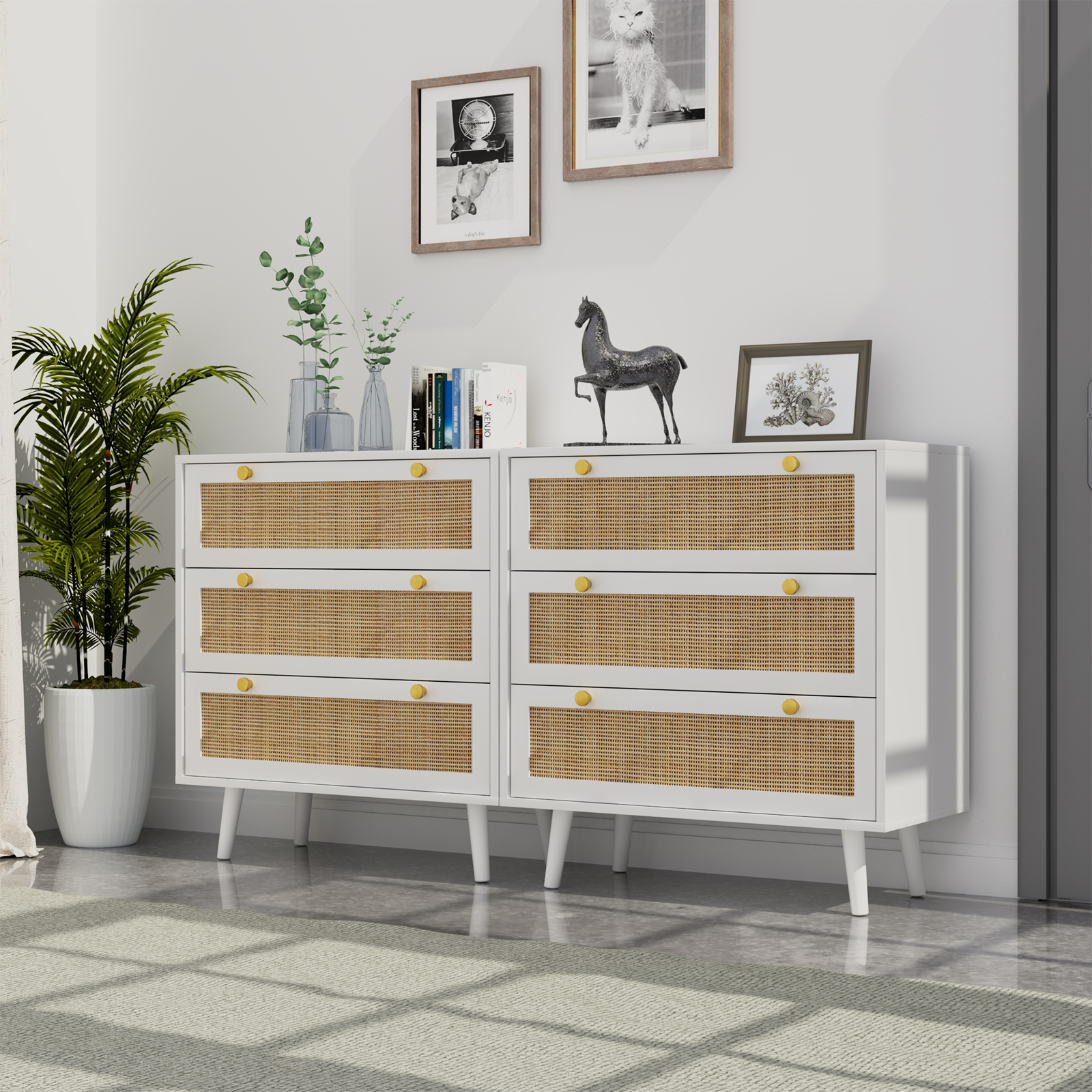Anmytek Dresser for Bedroom with 3 Drawers Rattan Dresser