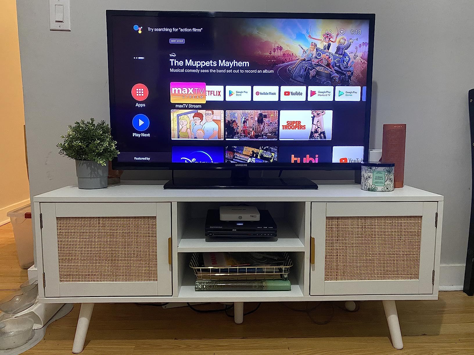 Anmytek Farmhouse Rattan TV Stand Modern Wood Media Entertainment Center Console Table for TVs up to 55 Inches with 2 Doors and 2 Open Shelves, Natural Oak