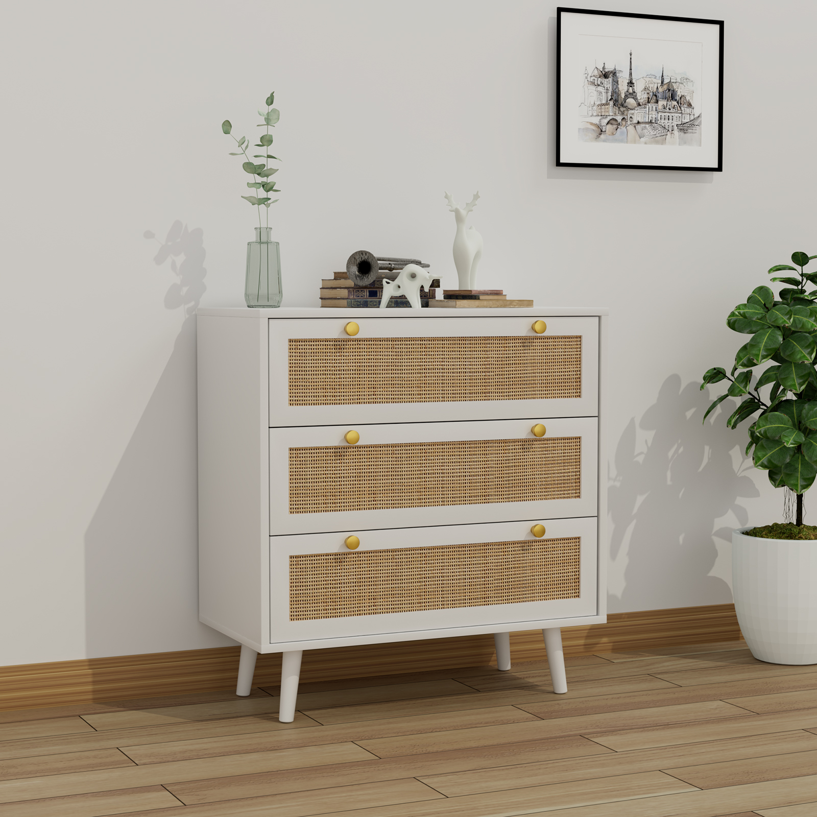 Anmytek Dresser for Bedroom with 3 Drawers Rattan Dresser