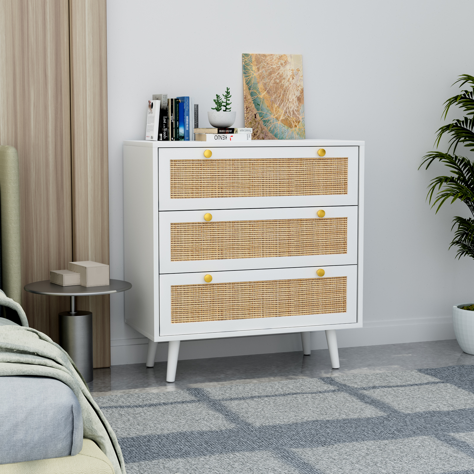 Anmytek Dresser for Bedroom with 3 Drawers Rattan Dresser