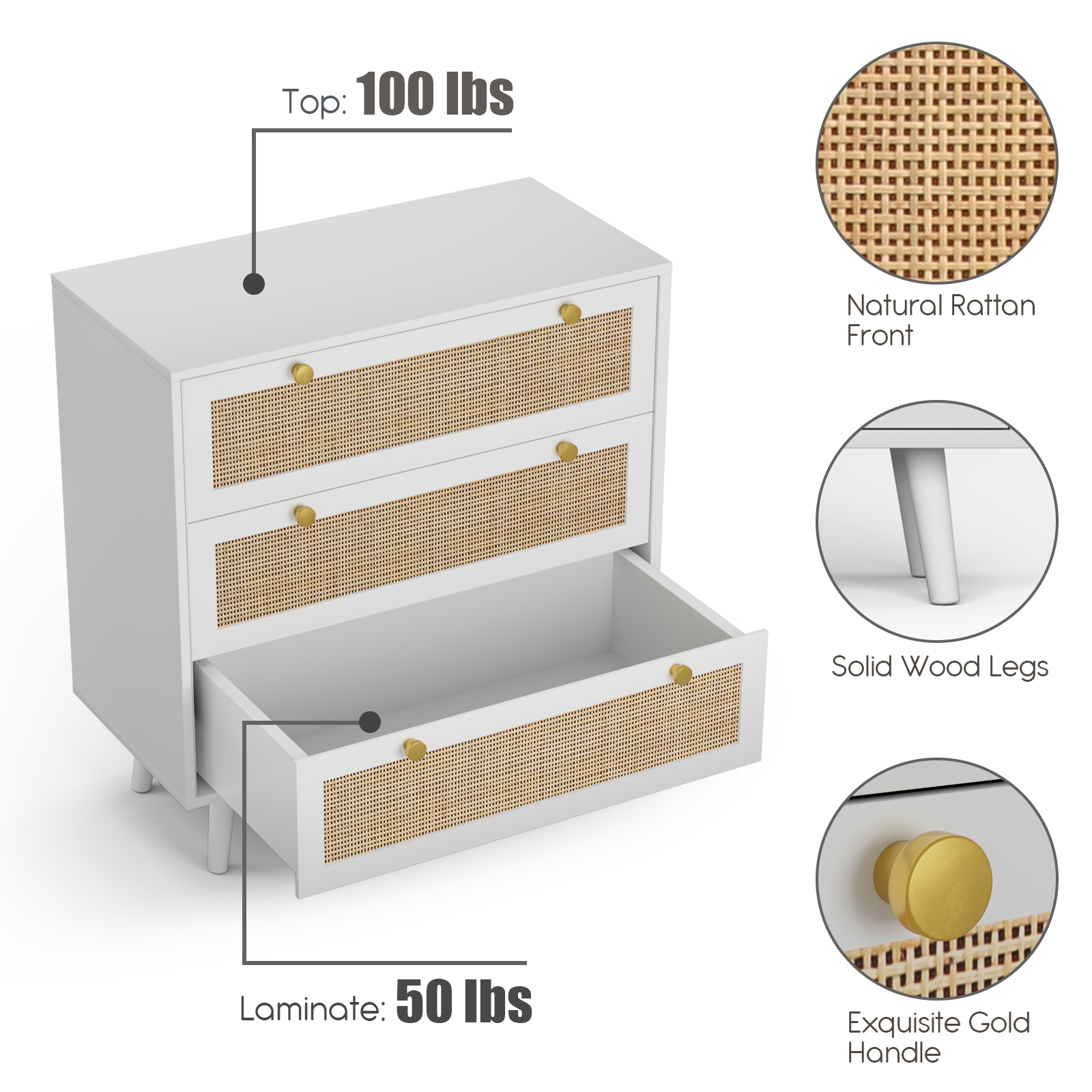 Anmytek Dresser for Bedroom with 3 Drawers Rattan Dresser