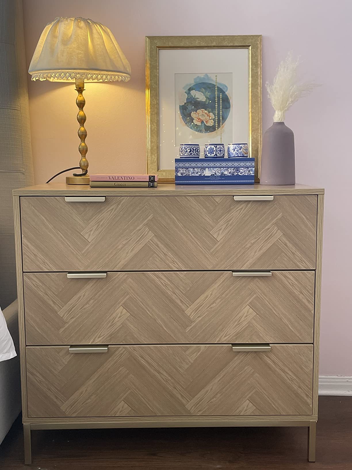 Anmytek Modern 3 Drawer Chest Dresser with Gold Metal Legs