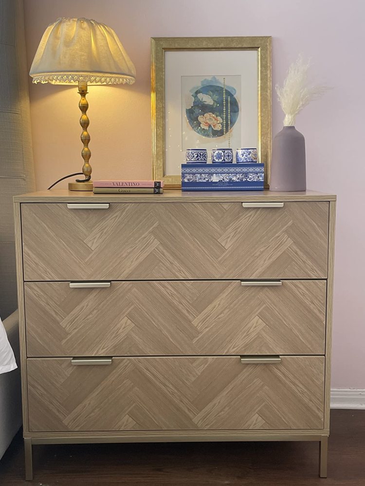Anmytek Modern 3 Drawer Chest Dresser with Gold Metal Legs