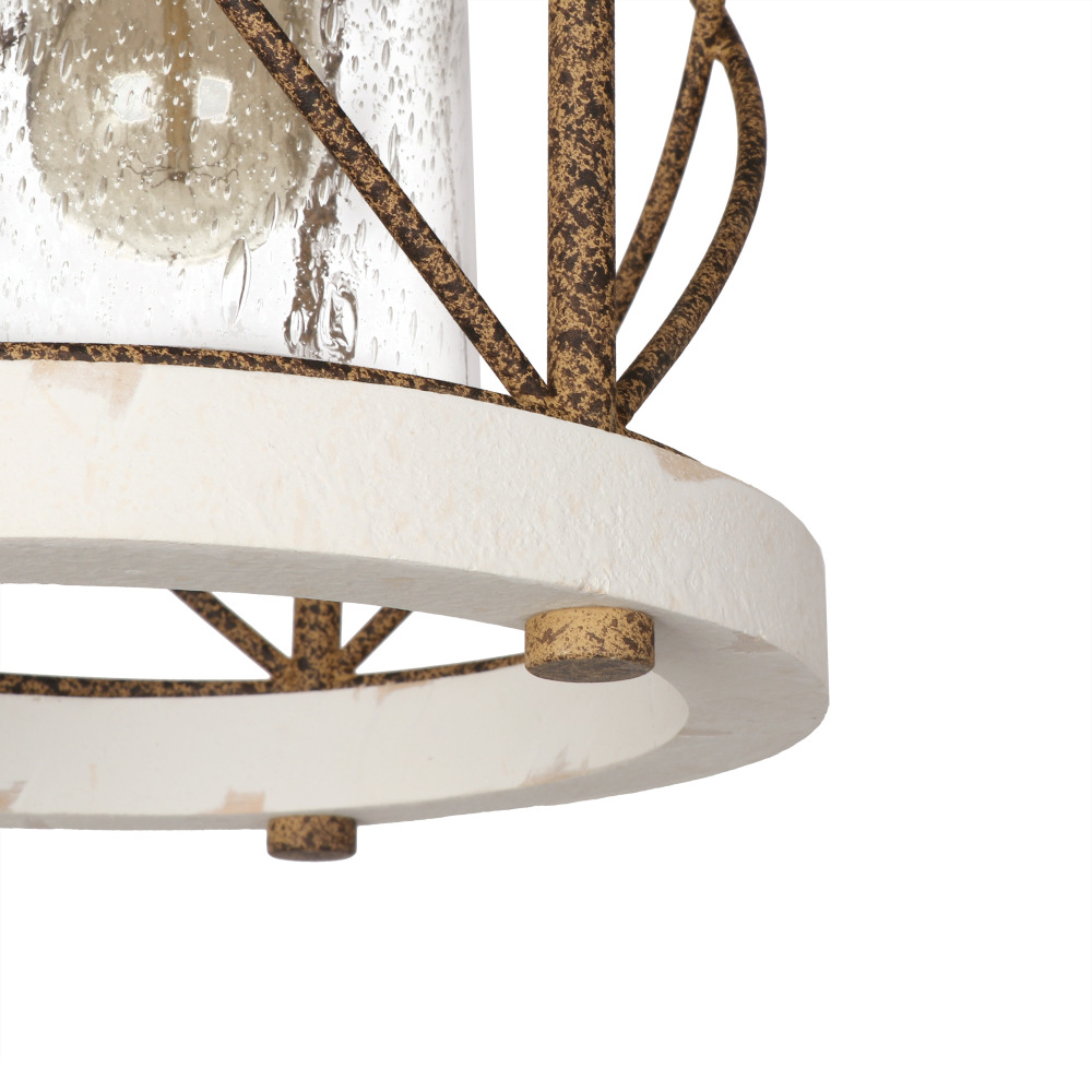 Anmytek Rust Industrial Metal Single Pendant Light Rustic Cylinder Cage Chandelier with Seeded Glass Shade, White Wood Farmhouse Hanging Light Fixture for Entryway Hallway Dining Room Bedroom Foyer