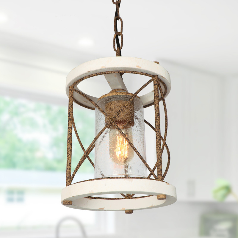 Anmytek Rust Industrial Metal Single Pendant Light Rustic Cylinder Cage Chandelier with Seeded Glass Shade, White Wood Farmhouse Hanging Light Fixture for Entryway Hallway Dining Room Bedroom Foyer