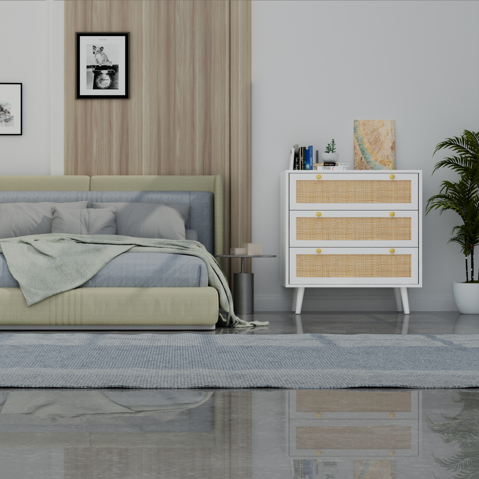 Anmytek Dresser for Bedroom with 3 Drawers Rattan Dresser