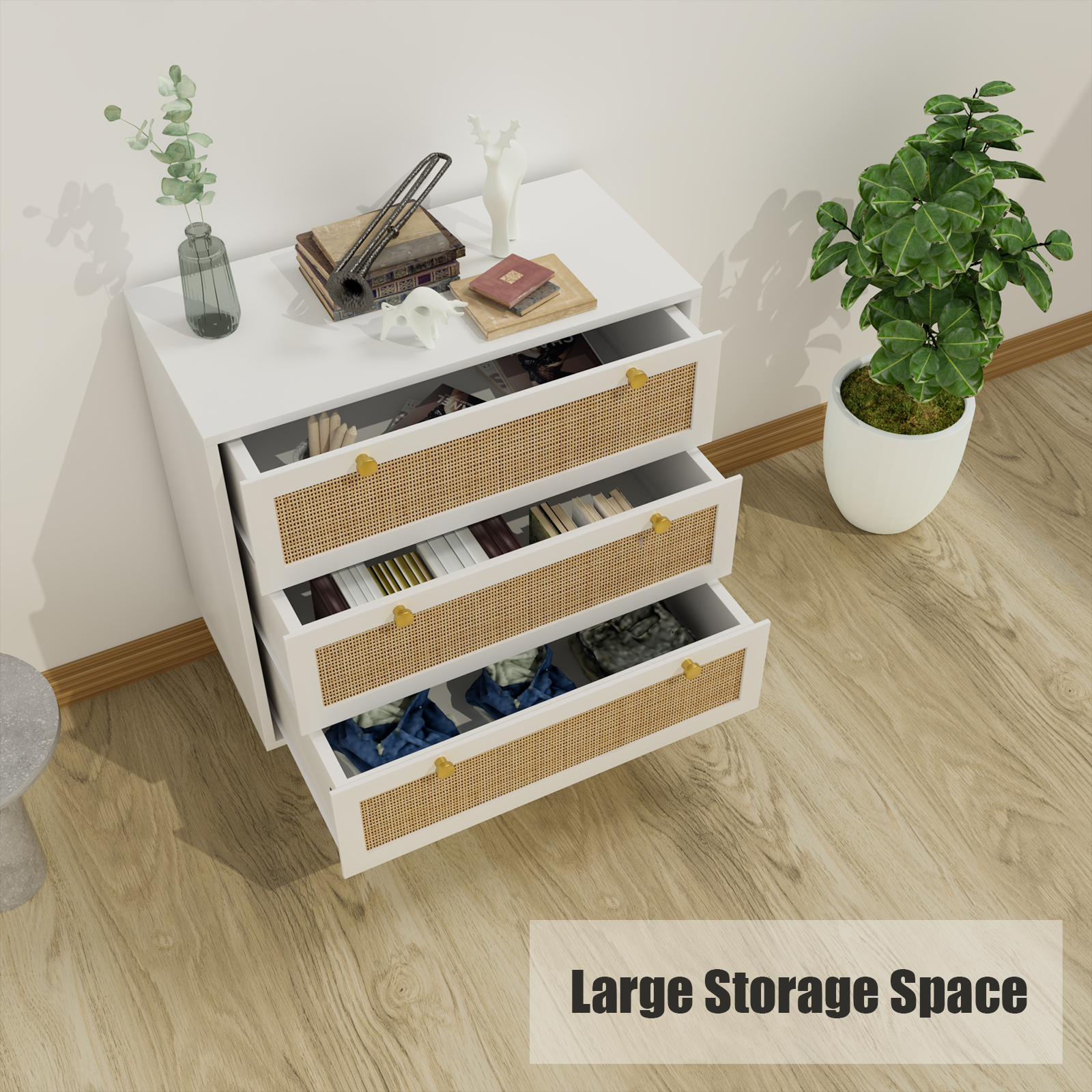 Anmytek Dresser for Bedroom with 3 Drawers Rattan Dresser