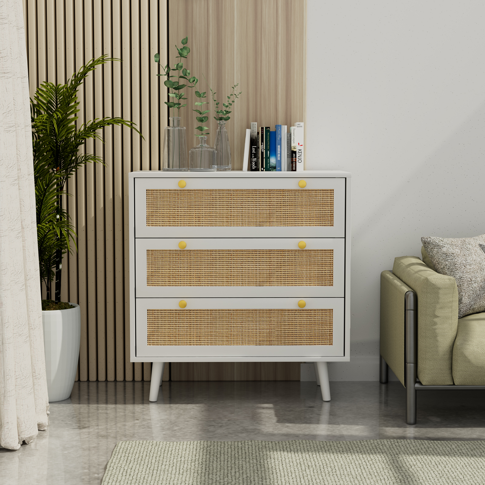 Anmytek Dresser for Bedroom with 3 Drawers Rattan Dresser