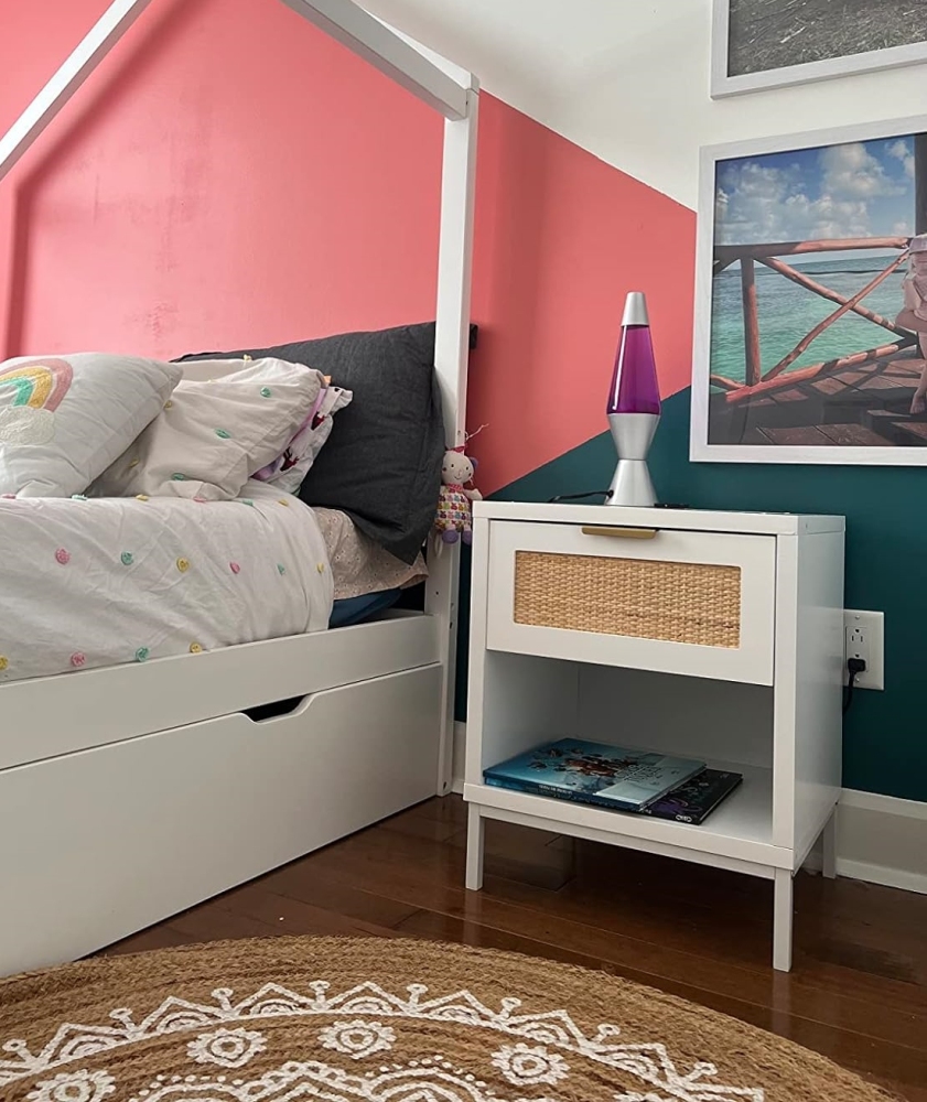 Anmytek Nightstand With Rattan Drawer Side Table Bedside End Table