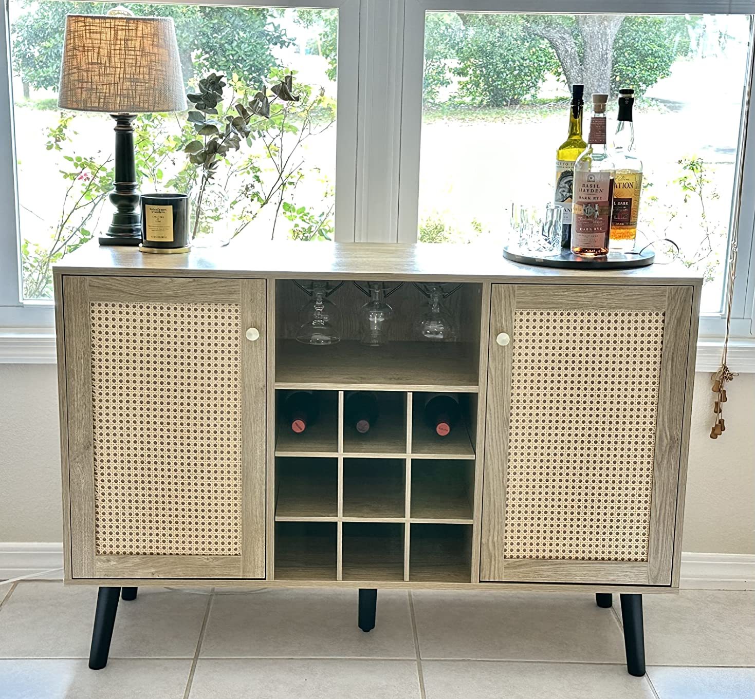 Anmytek Rattan Wine Bar Cabinet 2-Door Farmhouse Liquor Cabinet with Wine Rack and Glass Holder, Rustic Sideboard Buffet Storage