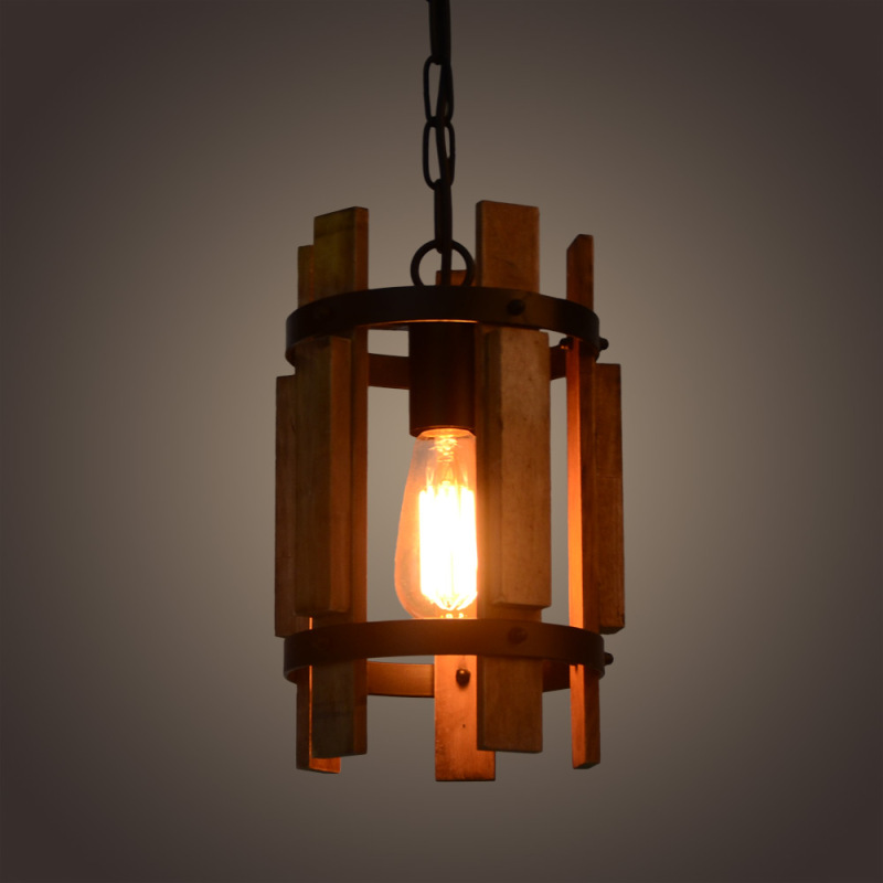 Anmytek Wood Pendant Light Cylinder Chandelier Lamp Rustic Farmhouse Hanging Pendant Light Vintage Ceiling Light Fixture 1 Light, Light Brown