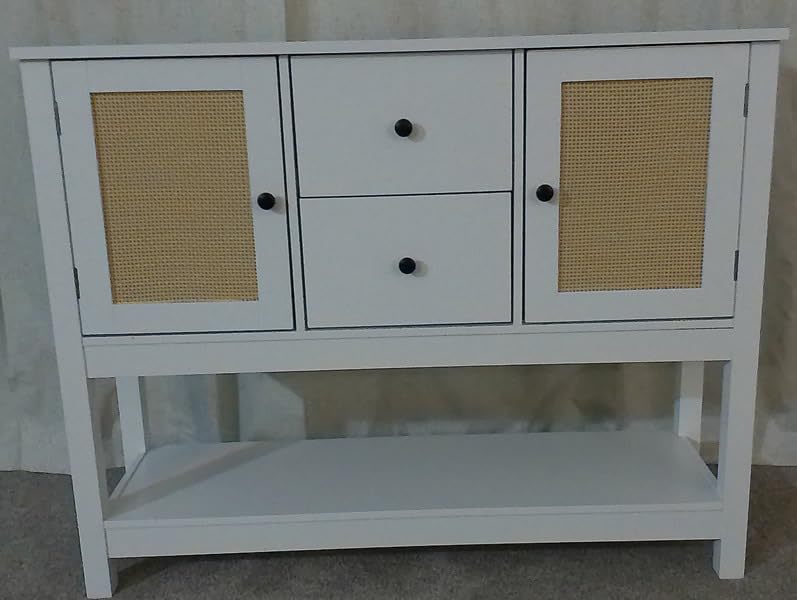 Anmytek Rattan Console Table with Drawers, Entryway Table with Open Storage Shelf Long Sofa Table