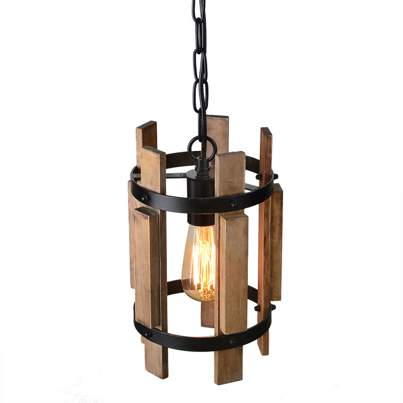 Anmytek Wood Pendant Light Cylinder Chandelier Lamp Rustic Farmhouse Hanging Pendant Light Vintage Ceiling Light Fixture 1 Light, Light Brown