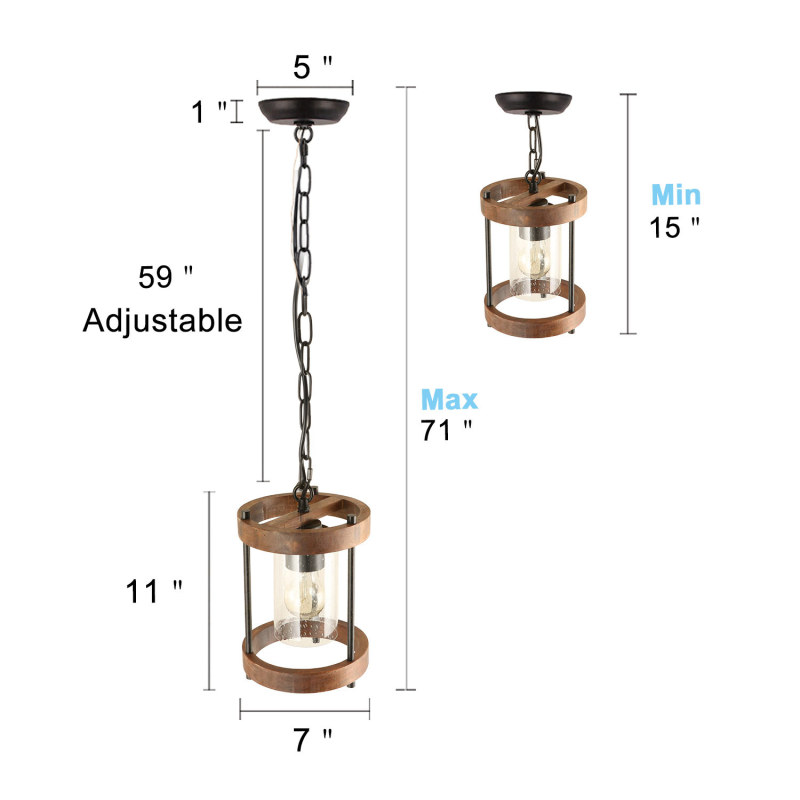 Anmytek Round Wood Pendant Light Kitchen Island Hanging Light Fixture with Seeded Glass Shade, Rustic Dining Room Ceiling Light Fixture Height Adjustable, UL Listed