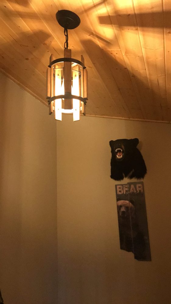 Anmytek Wood Pendant Light Cylinder Chandelier Lamp Rustic Farmhouse Hanging Pendant Light Vintage Ceiling Light Fixture 1 Light, Light Brown