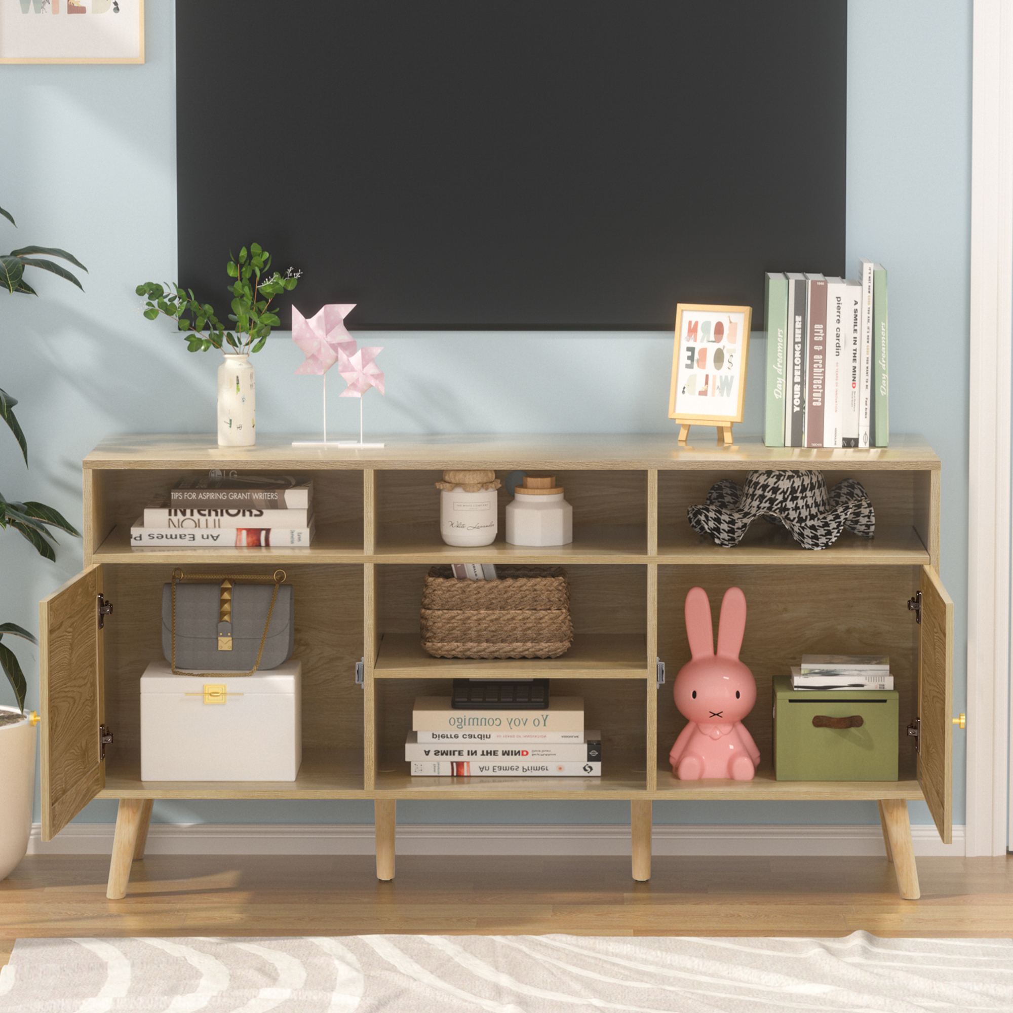 Anmytek Rattan TV Stand for TV up to 65 inch, TV Console Entertainment Center Media Cabinet