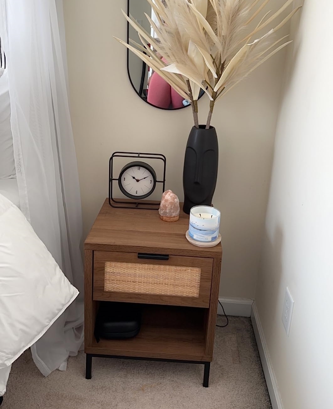 Anmytek Rattan Drawer Nightstand Side Table Wood End Table