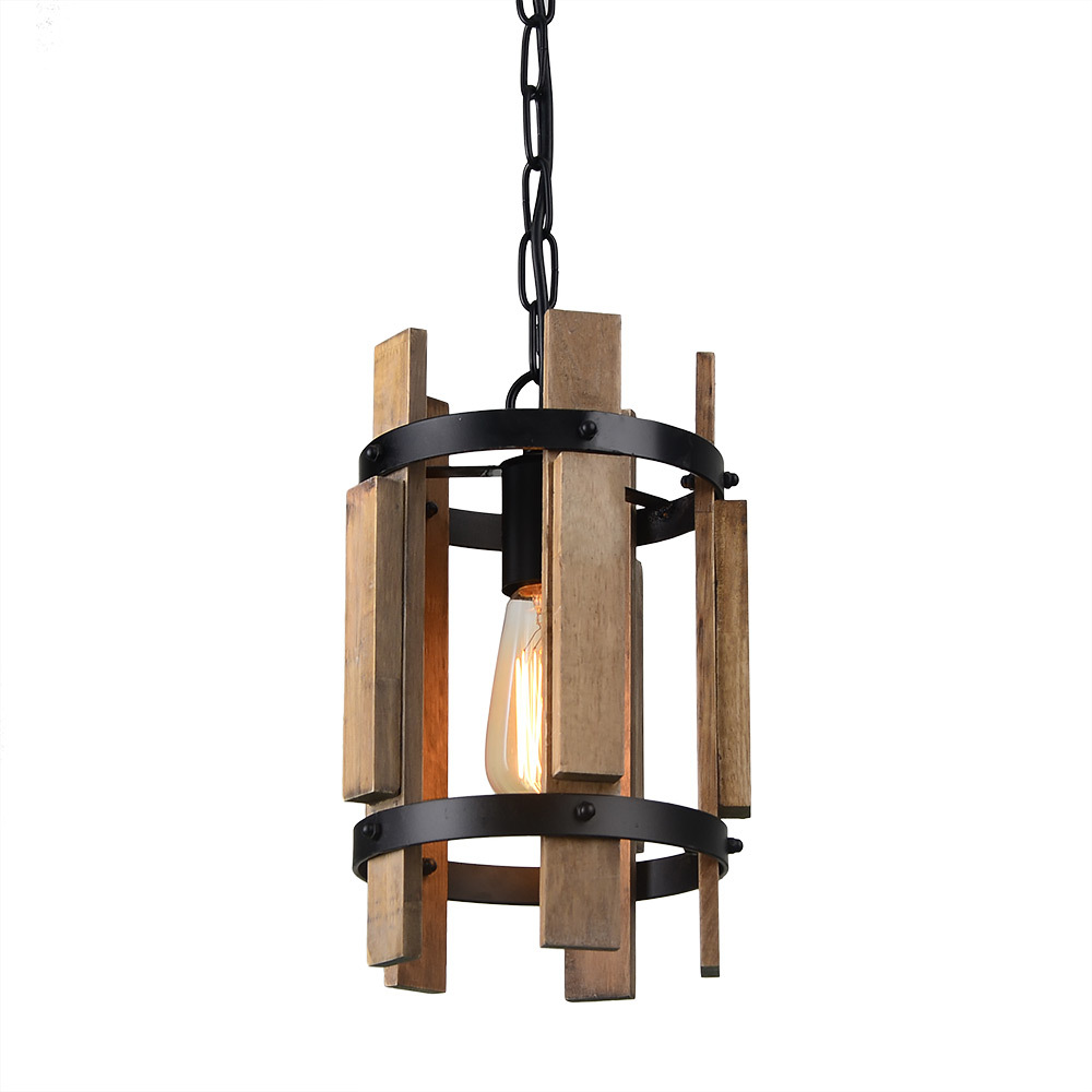 Anmytek Wood Pendant Light Cylinder Chandelier Lamp Rustic Farmhouse Hanging Pendant Light Vintage Ceiling Light Fixture 1 Light, Light Brown