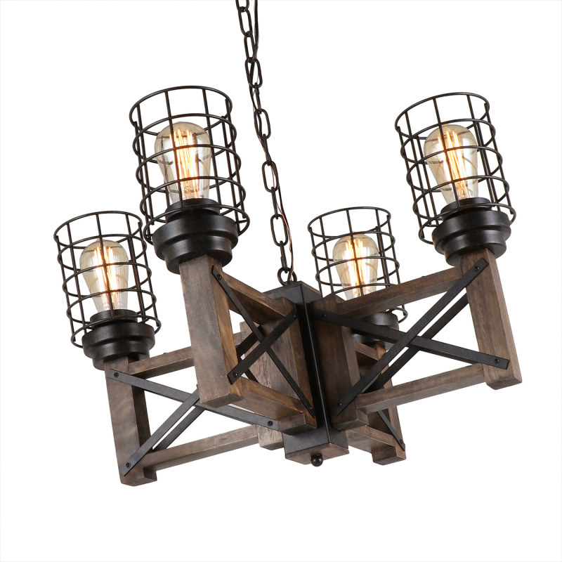 Anmytek Wood Farmhouse Rustic Chandelier, 4-Light Rustic Chandelier with Metal Cage Shades, Metal Wood Farmhouse Pendant Lighting Fixture for Kitchen Island Dining Room