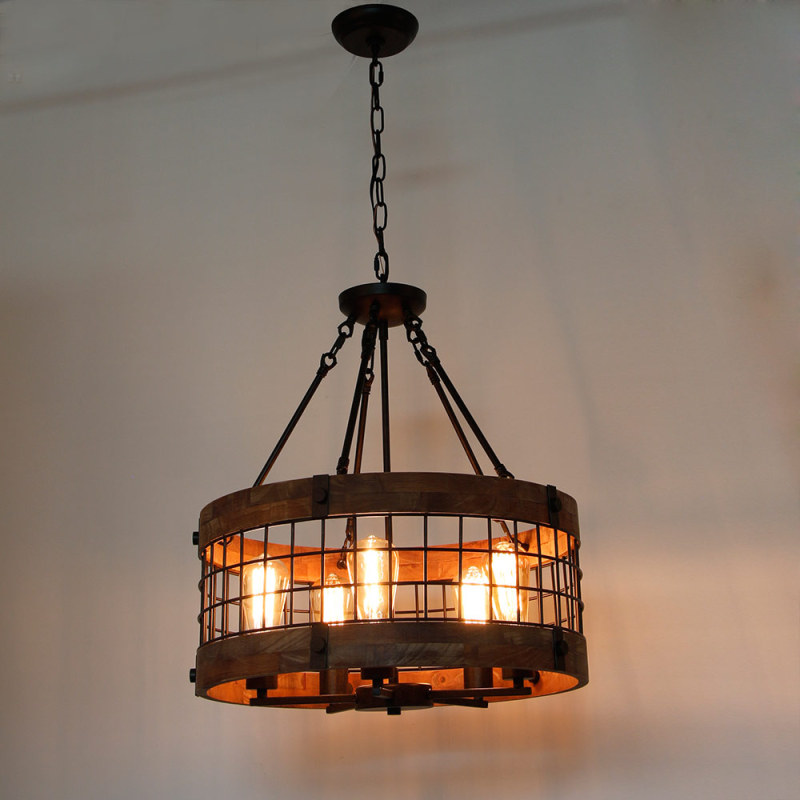 Anmytek Round Wooden Chandelier Metal Pendant Five Lights Decorative Lighting Fixture Antique Ceiling Lamp (Five Lights)
