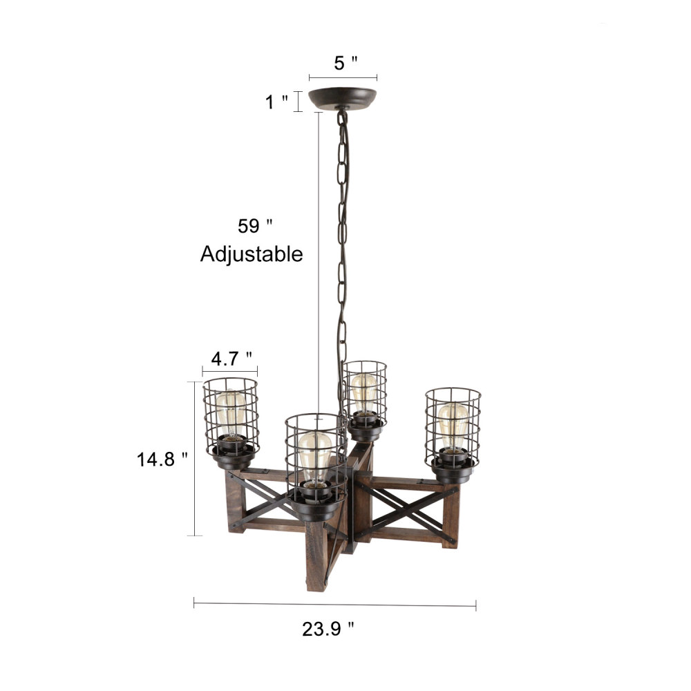 Anmytek Wood Farmhouse Rustic Chandelier, 4-Light Rustic Chandelier with Metal Cage Shades, Metal Wood Farmhouse Pendant Lighting Fixture for Kitchen Island Dining Room