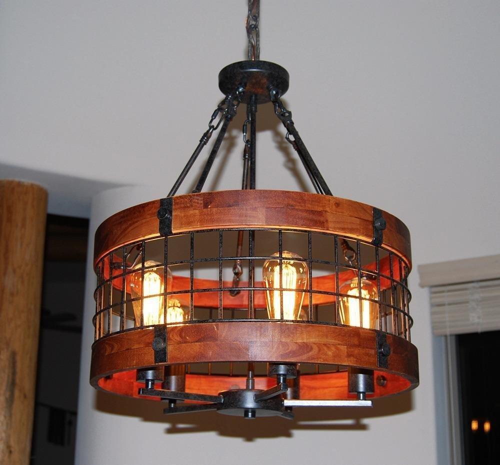 Anmytek Round Wooden Chandelier Metal Pendant Five Lights Decorative Lighting Fixture Antique Ceiling Lamp (Five Lights)