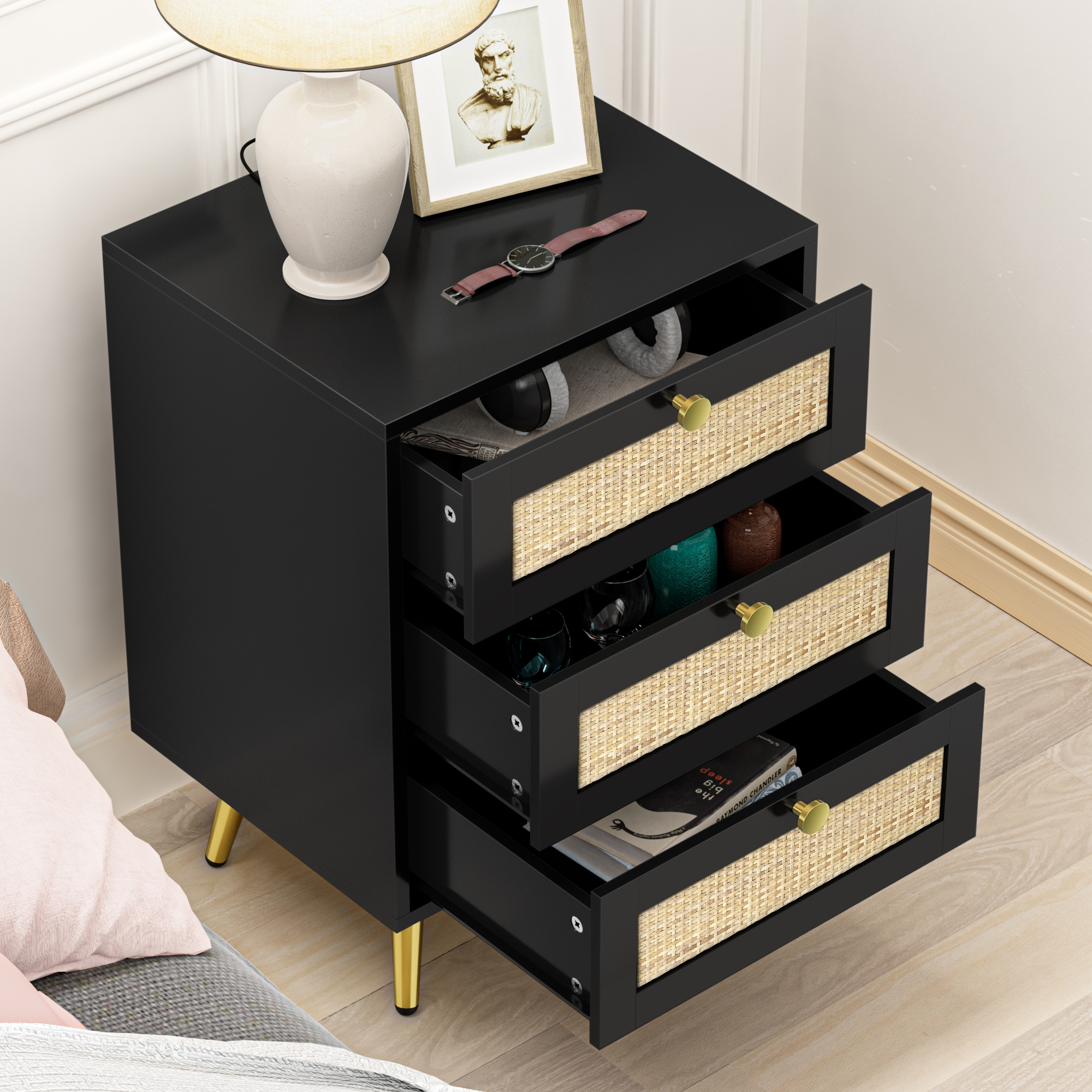 Anmytek Nightstand 26" H Dresser with 3 Drawers Bedside Table