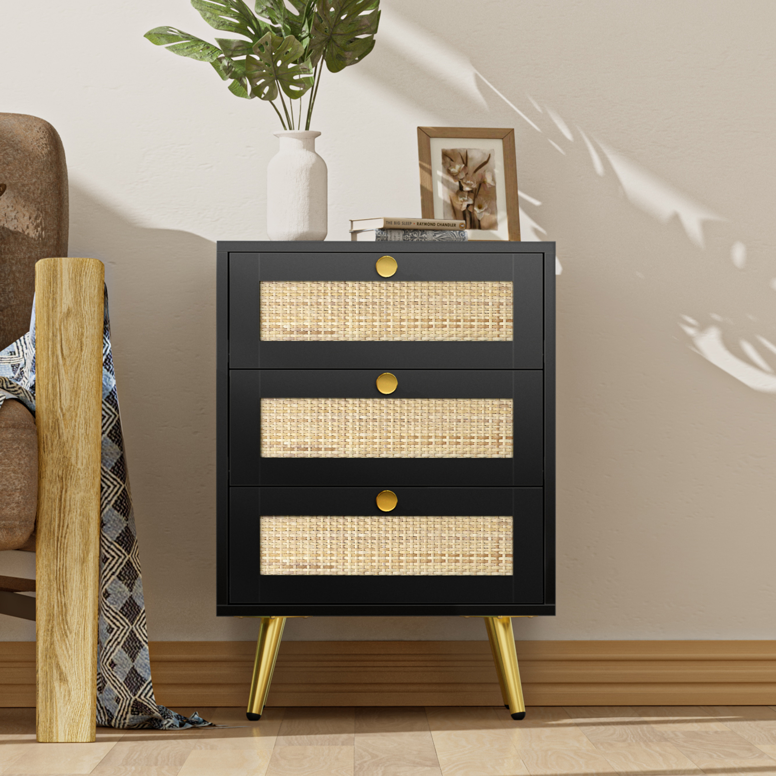 Anmytek Rattan Nightstand, 26" H White Nightstand Small Dresser with 3 Rattan Drawers Wooden Bedside Table End Table for Living Room Bedroom