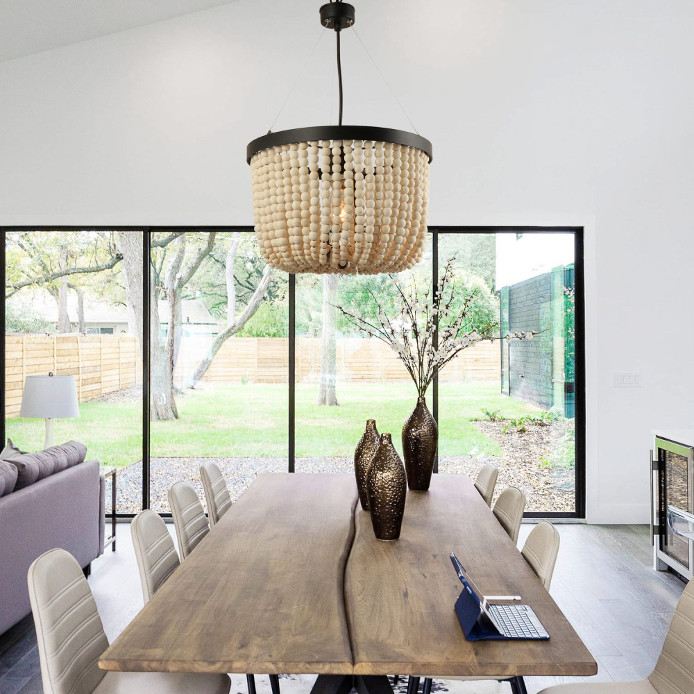 Anmytek 1 Light Wood Beaded Chandelier Bohemian Boho Beachy Pendant Light Fixtures (Bulb not Included)
