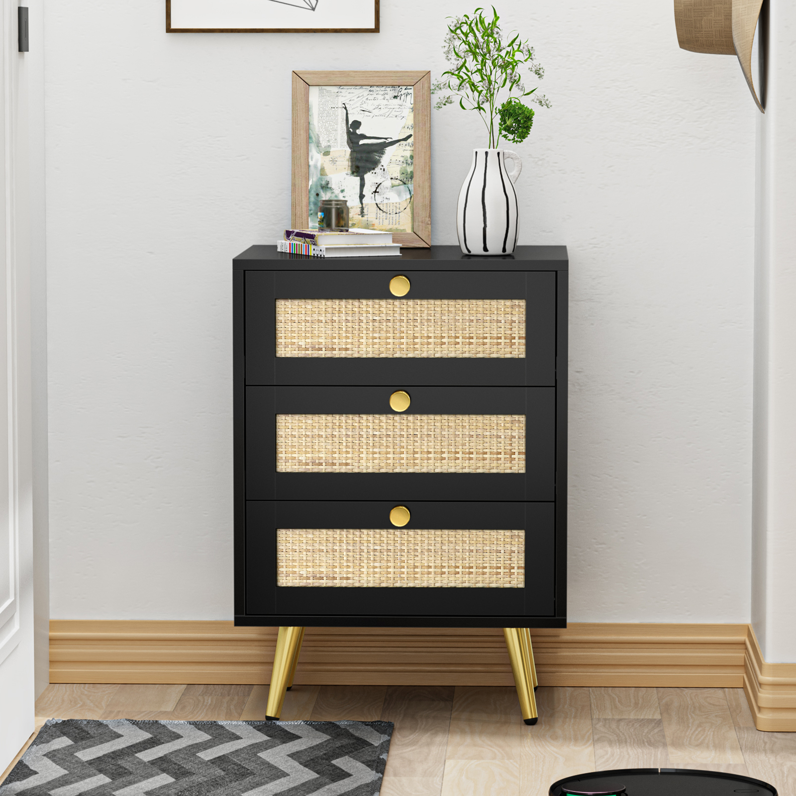 Anmytek Rattan Nightstand, 26" H White Nightstand Small Dresser with 3 Rattan Drawers Wooden Bedside Table End Table for Living Room Bedroom