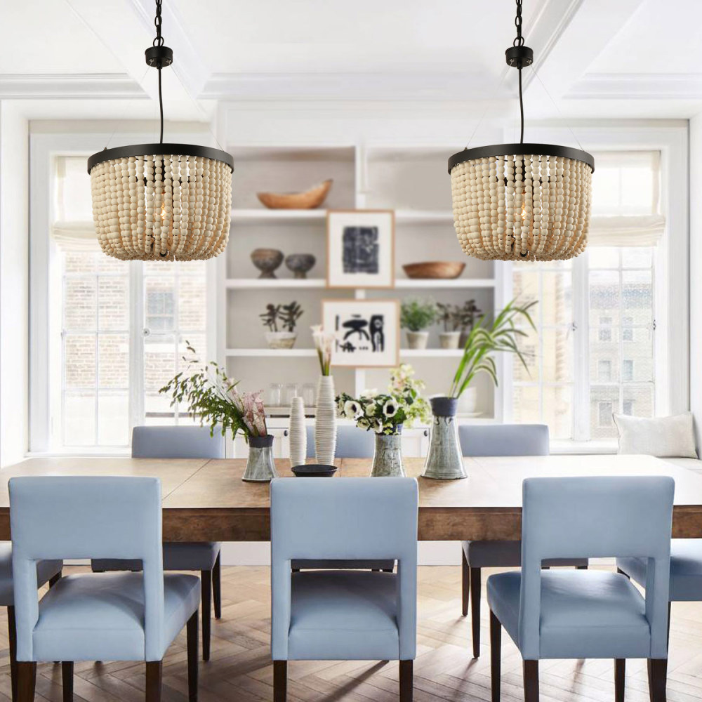 Anmytek 1 Light Wood Beaded Chandelier Bohemian Boho Beachy Pendant Light Fixtures (Bulb not Included)