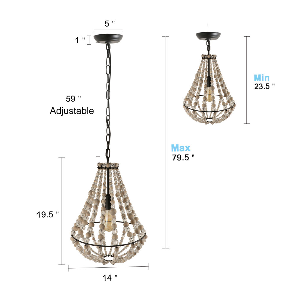 Anmytek Wood Beaded Chandelier for Dining Room Vintage Bohemian Entryway Foyer Pendant Lighting Fixture 1-Light