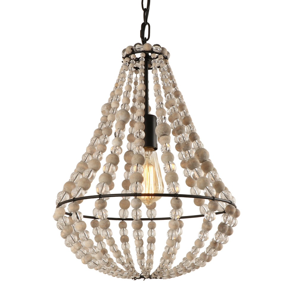 Anmytek Wood Beaded Chandelier for Dining Room Vintage Bohemian Entryway Foyer Pendant Lighting Fixture 1-Light