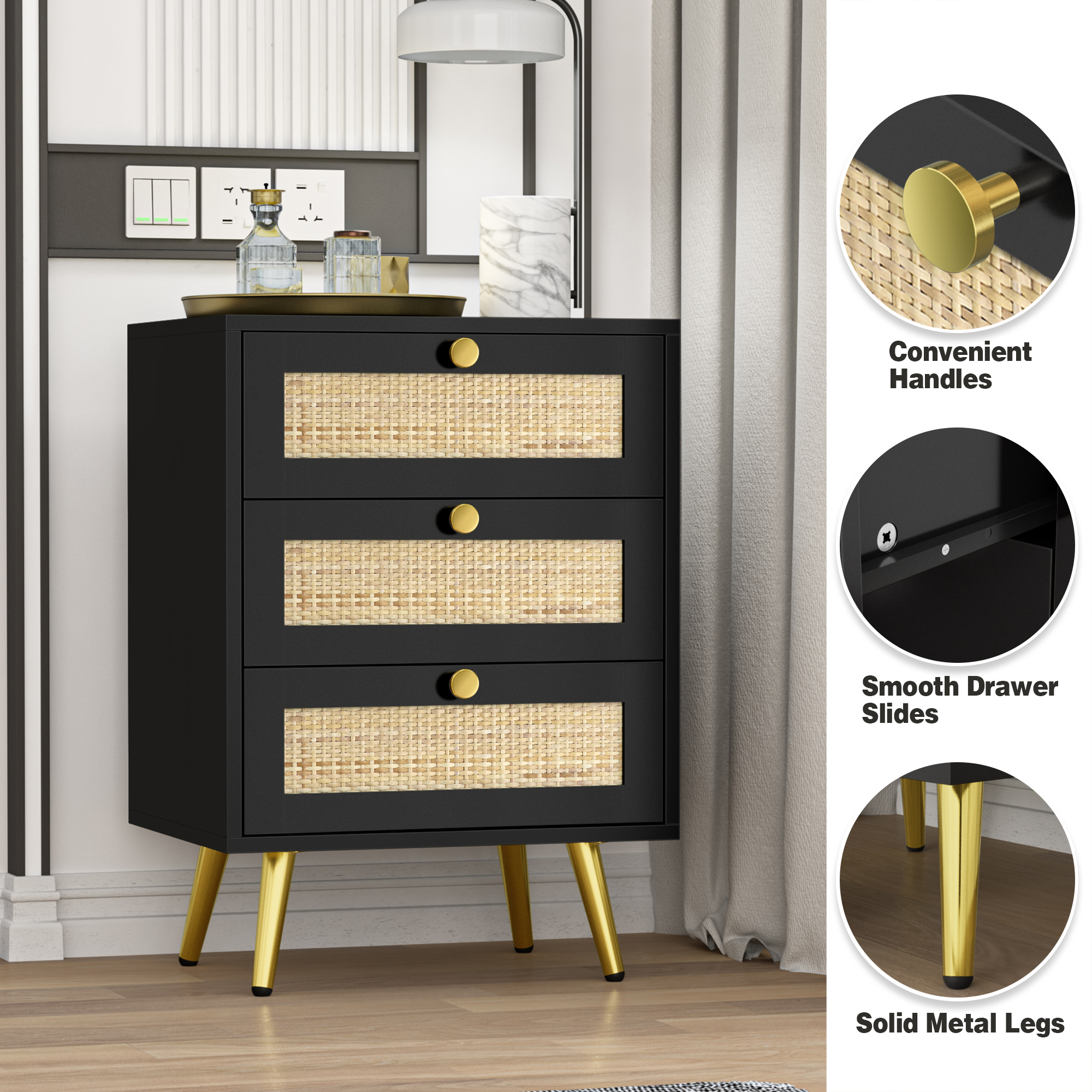 Anmytek Nightstand 26" H Dresser with 3 Drawers Bedside Table