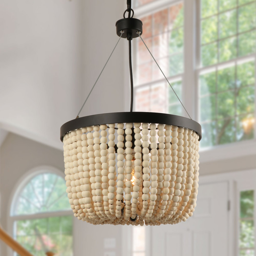 Anmytek 1 Light Wood Beaded Chandelier Bohemian Boho Beachy Pendant Light Fixtures (Bulb not Included)