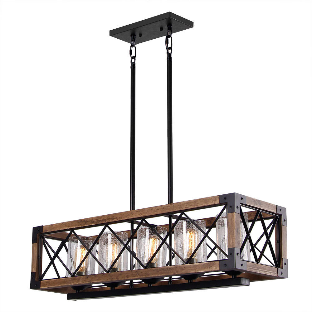 Anmytek Rectangle Wood Metal Pendant Light Kitchen Island Chandelier Black Finish Rustic Industrial Chandelier Vintage Ceiling Light Fixture 5 Lights with Glass Shade