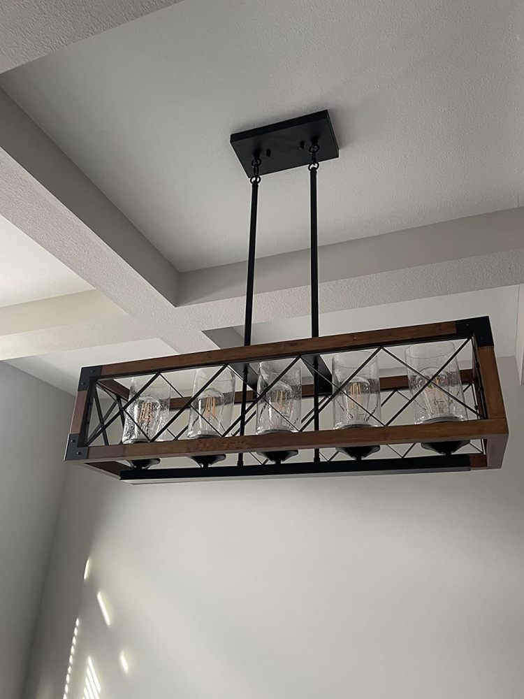 Anmytek Rectangle Wood Metal Pendant Light Kitchen Island Chandelier Black Finish Rustic Industrial Chandelier Vintage Ceiling Light Fixture 5 Lights with Glass Shade
