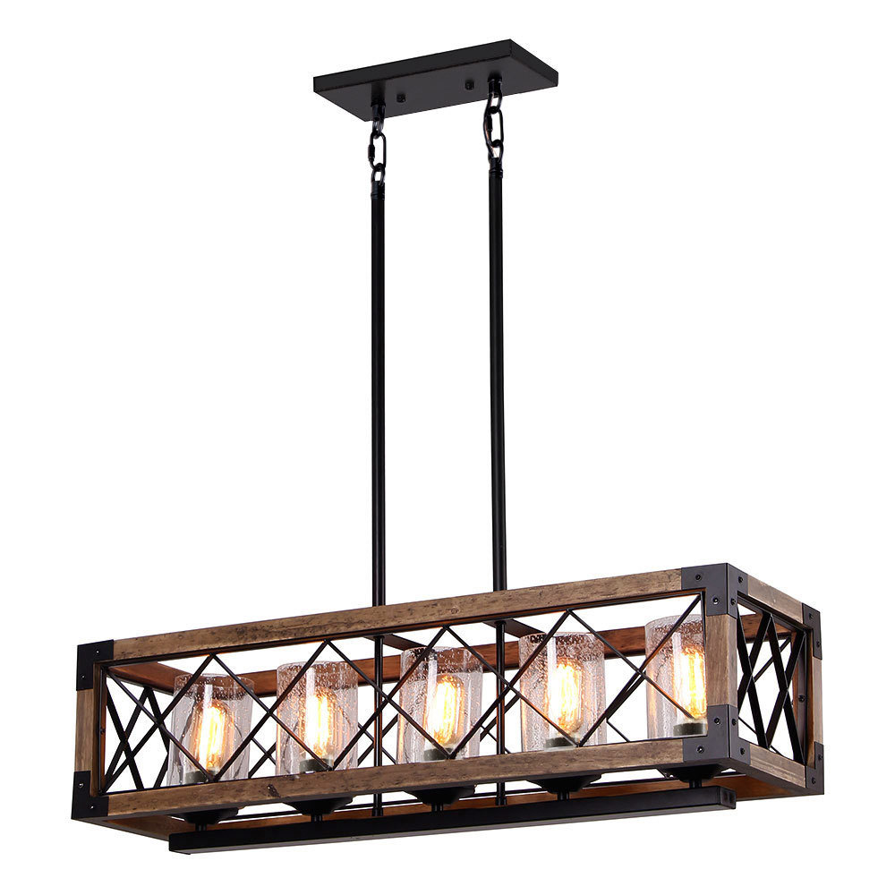 Anmytek Rectangle Wood Metal Pendant Light Kitchen Island Chandelier Black Finish Rustic Industrial Chandelier Vintage Ceiling Light Fixture 5 Lights with Glass Shade