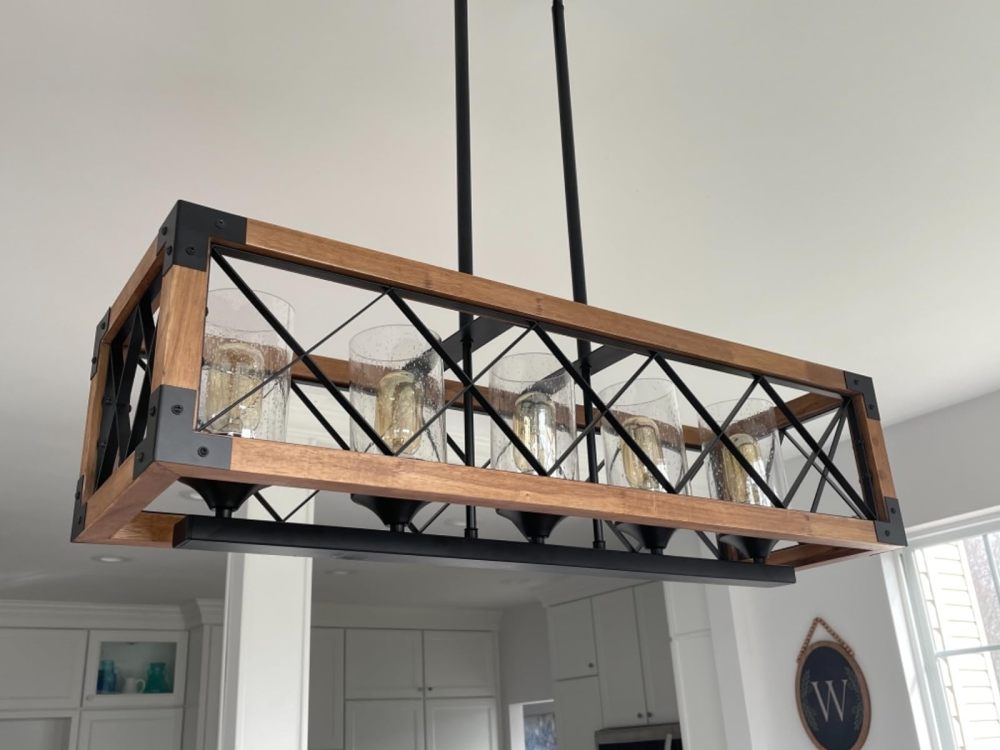 Anmytek Rectangle Wood Metal Pendant Light Kitchen Island Chandelier Black Finish Rustic Industrial Chandelier Vintage Ceiling Light Fixture 5 Lights with Glass Shade