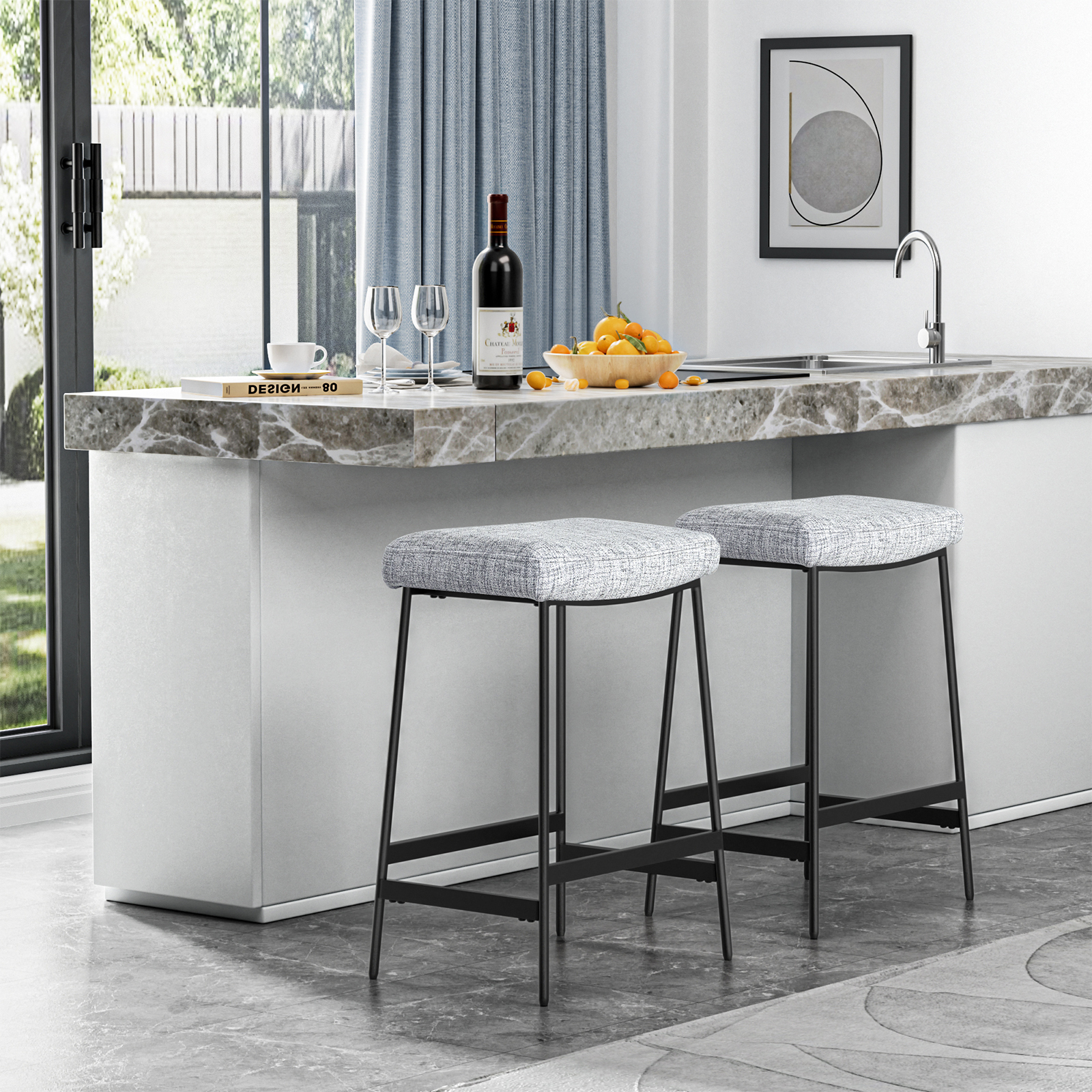 Anmytek 27" Backless Barstools Set of 2, Counter Height Bar Stools for Kitchen Modern Upholstered Saddle Seat with Thick Cushion and Footrest, Grey