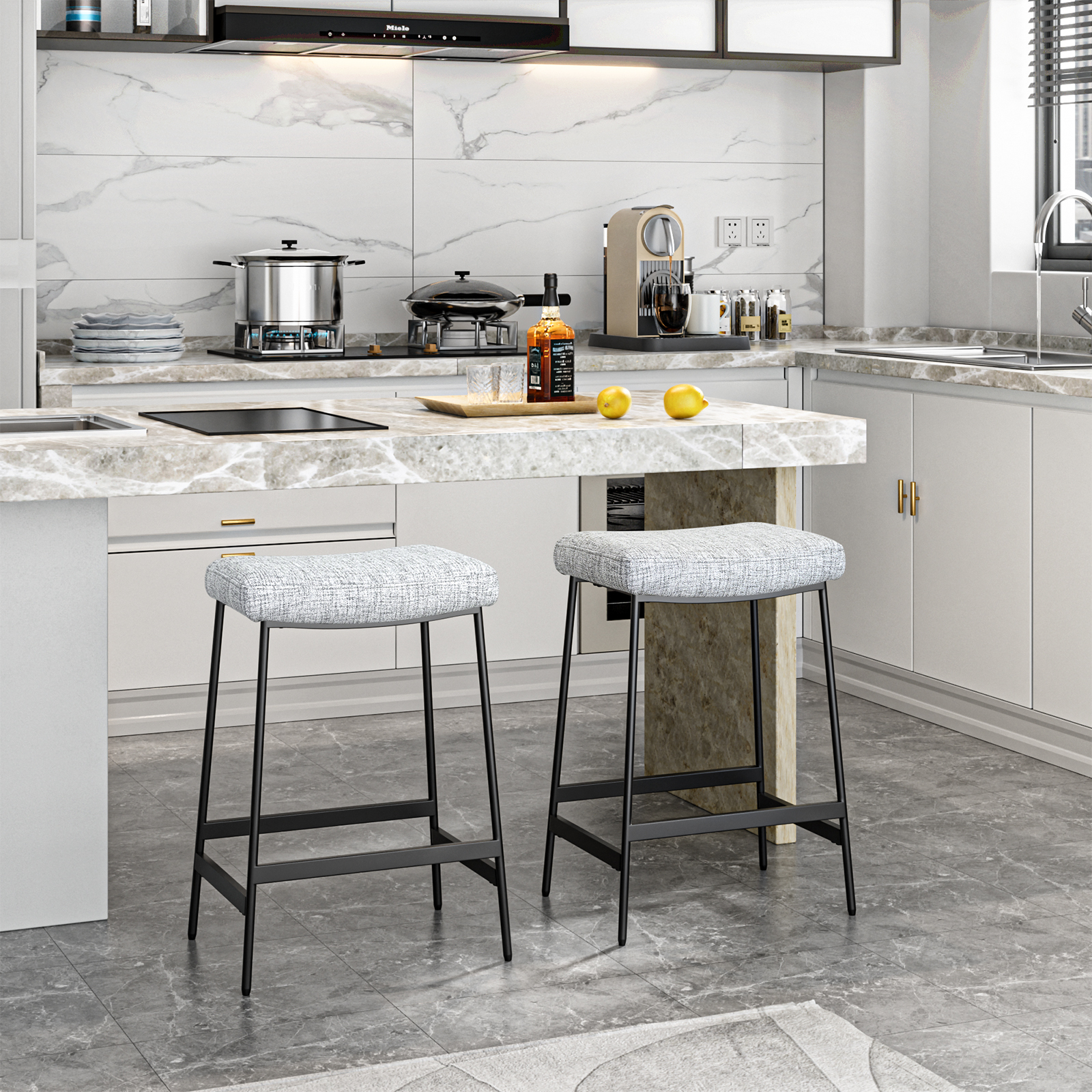Anmytek 27" Backless Barstools Set of 2, Counter Height Bar Stools for Kitchen Modern Upholstered Saddle Seat with Thick Cushion and Footrest, Grey