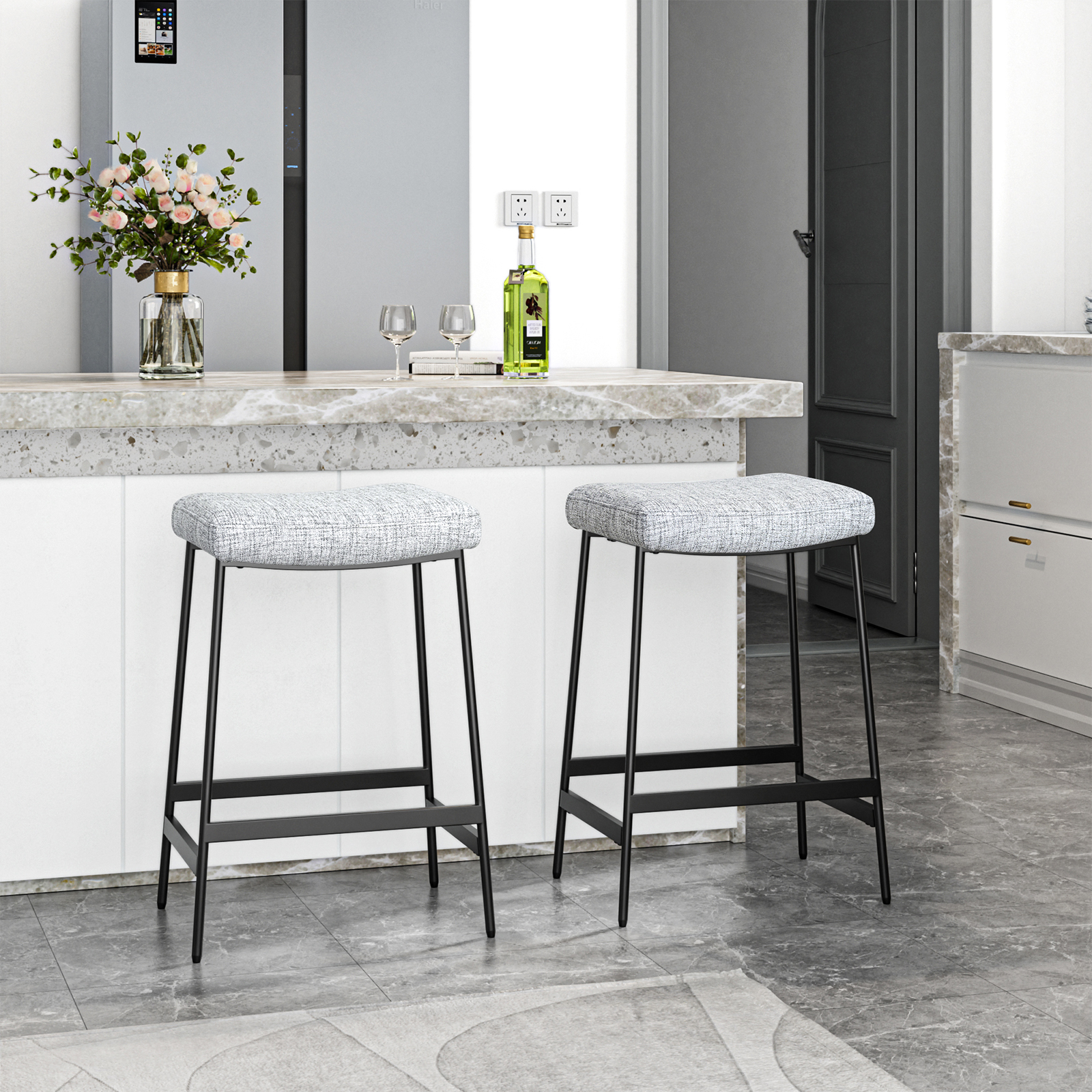 Anmytek 27" Backless Barstools Set of 2, Counter Height Bar Stools for Kitchen Modern Upholstered Saddle Seat with Thick Cushion and Footrest, Grey