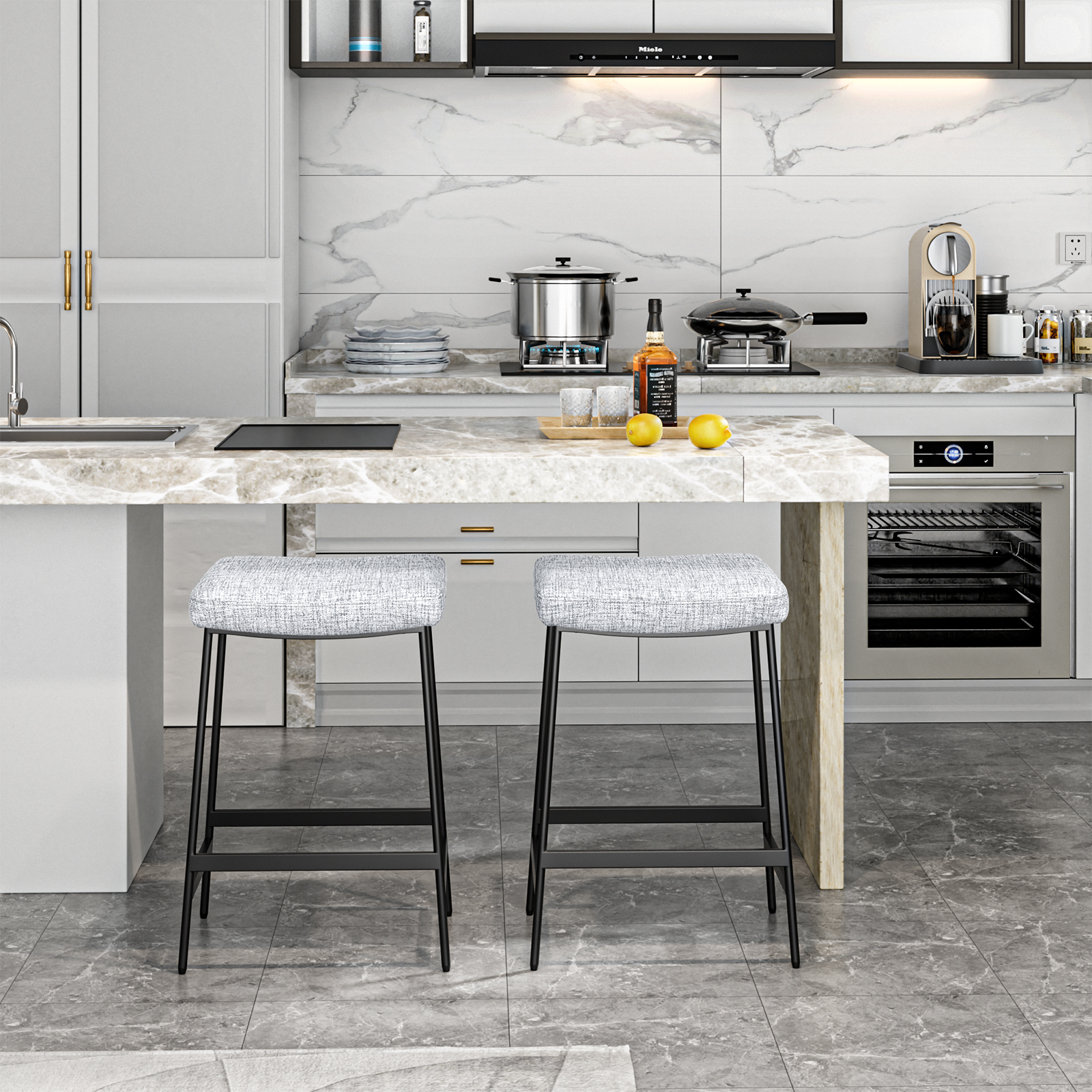 Anmytek 27" Backless Barstools Set of 2, Counter Height Bar Stools for Kitchen Modern Upholstered Saddle Seat with Thick Cushion and Footrest, Grey