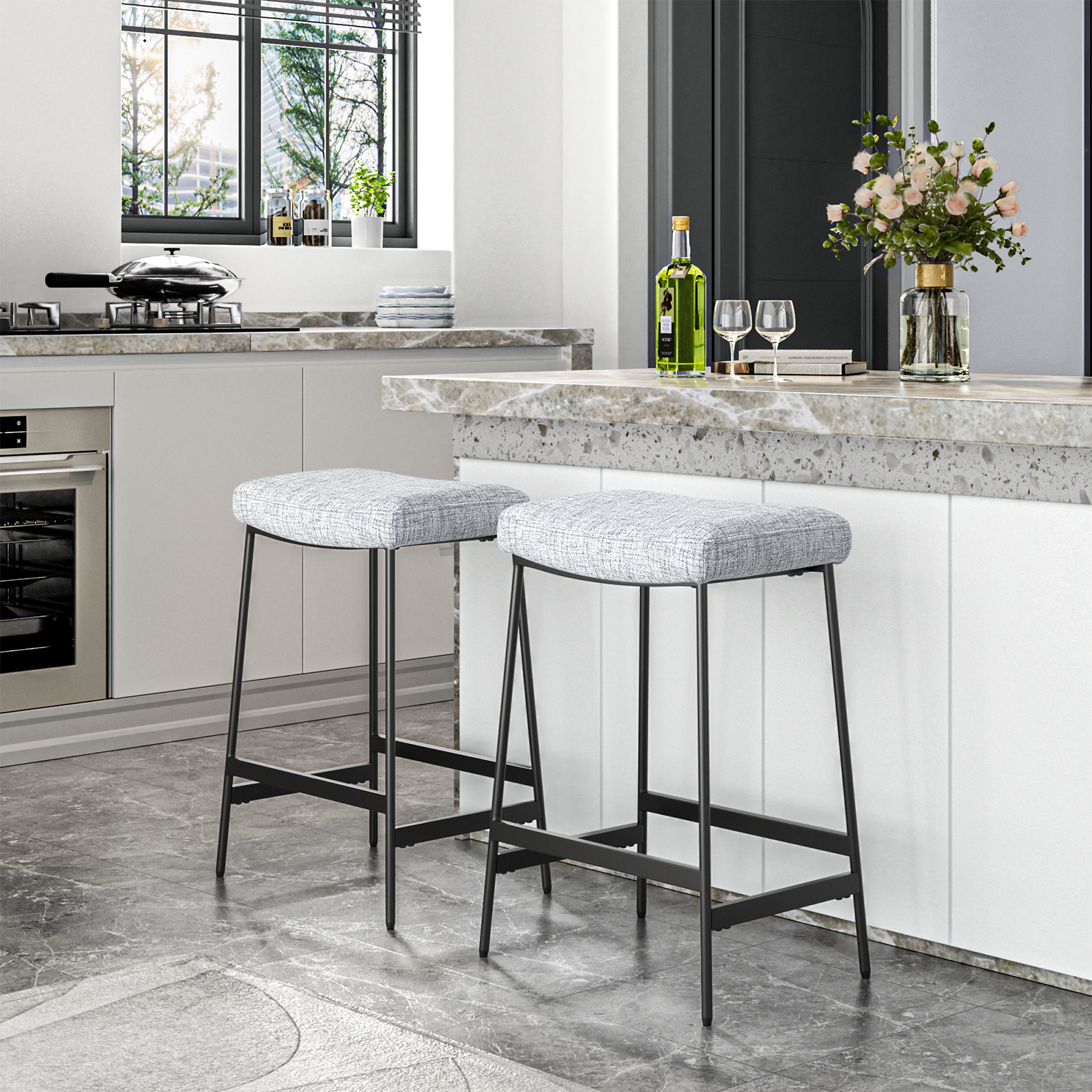 Anmytek 27" Backless Barstools Set of 2, Counter Height Bar Stools for Kitchen Modern Upholstered Saddle Seat with Thick Cushion and Footrest, Grey