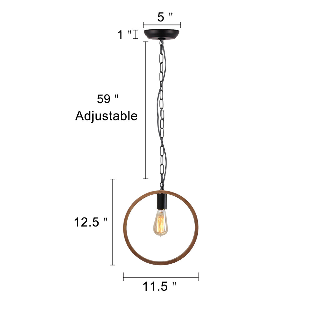 Anmytek Round Wood Chandelier, Simple 1-Light Farmhouse Pendant Lighting Fixture for Foyer Bedroom Living Room