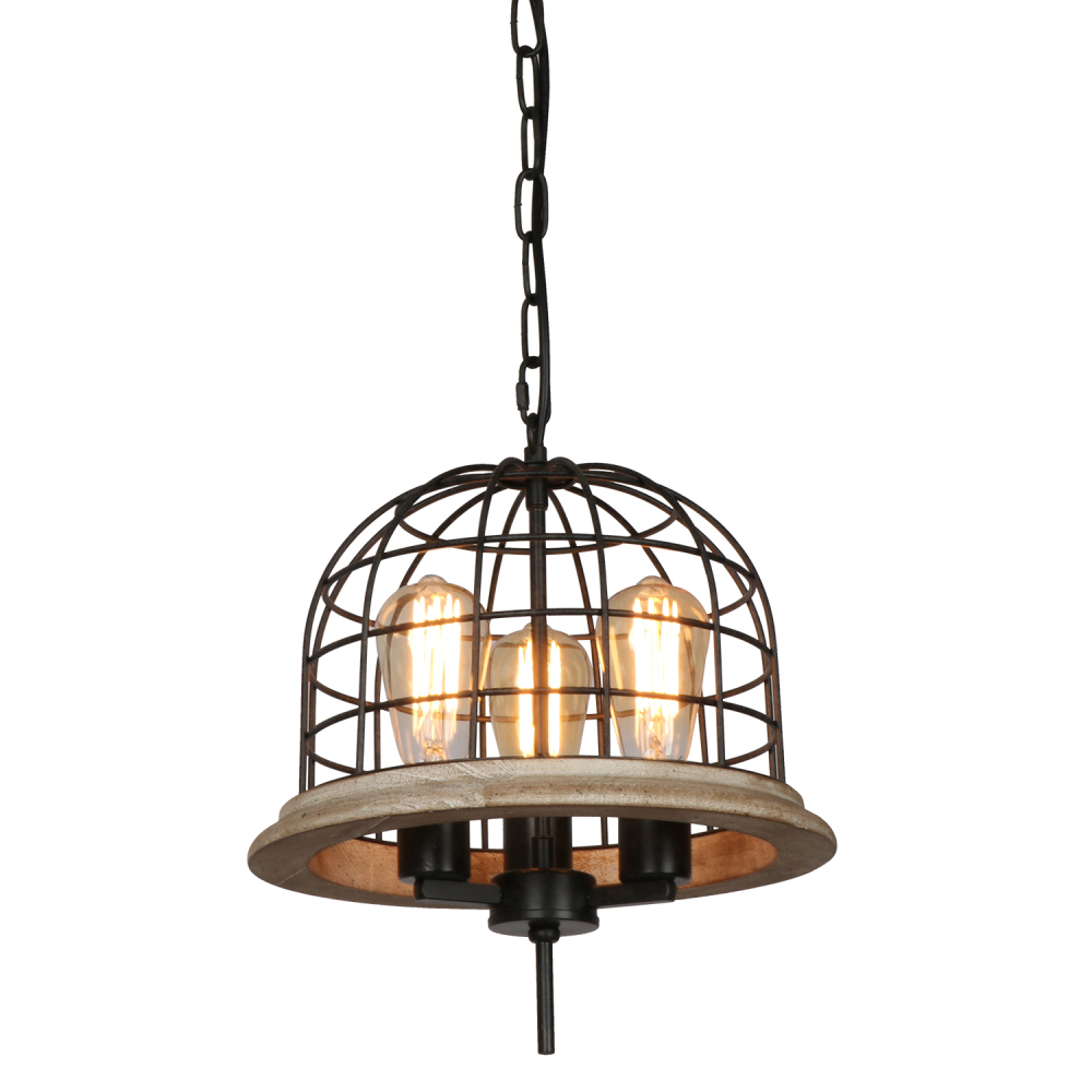 Anmytek Round Rustic Chandelier Light Fixture, 3-Light Farmhouse Pendant Lighting with Metal Wood Globe Cage Shade for Kitchen Island Dining Room