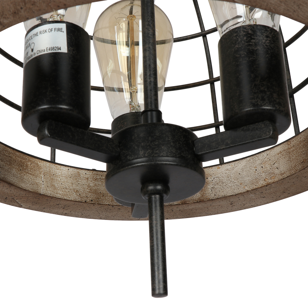Anmytek Round Rustic Chandelier Light Fixture, 3-Light Farmhouse Pendant Lighting with Metal Wood Globe Cage Shade for Kitchen Island Dining Room
