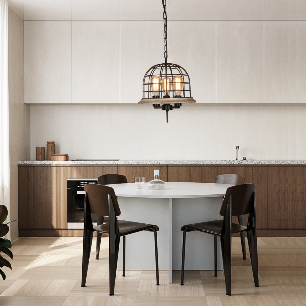 Anmytek Round Rustic Chandelier Light Fixture, 3-Light Farmhouse Pendant Lighting with Metal Wood Globe Cage Shade for Kitchen Island Dining Room